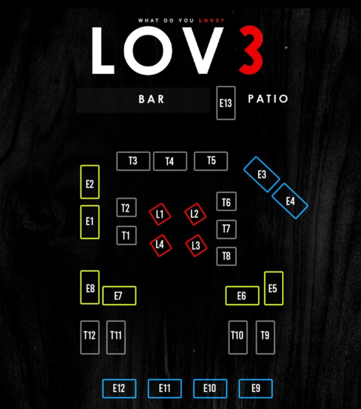 LOV3 HTX VIP seating map: table tops T1–T12, doubles and elevated booths E1–E12, islands I1–I4, stage LED wall and E13 Beyoncé wall